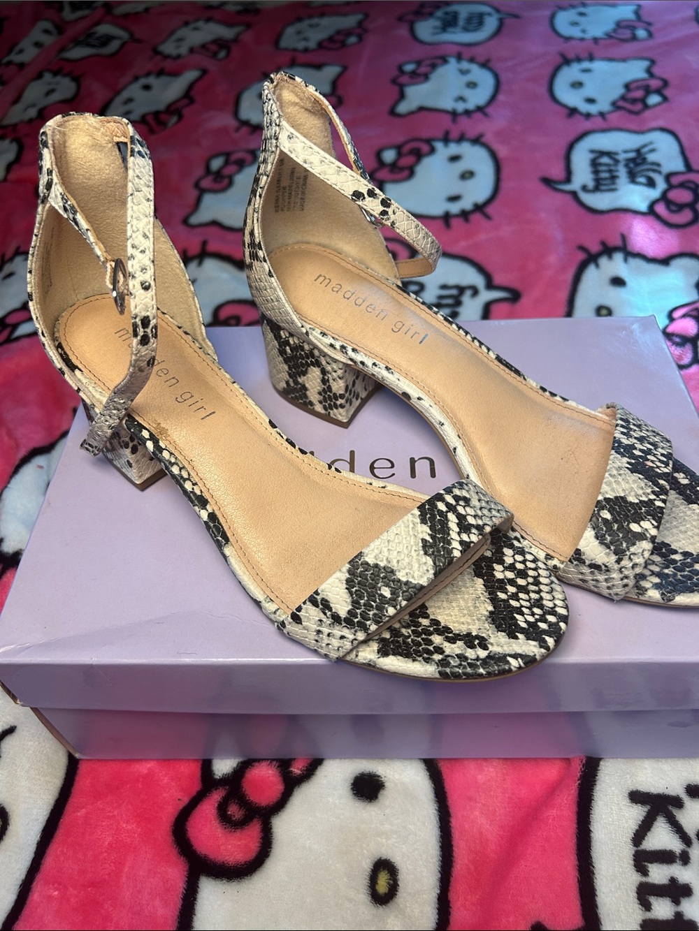 Madden Girl Black and Beige Snake Print Ankle Strap Block Heels